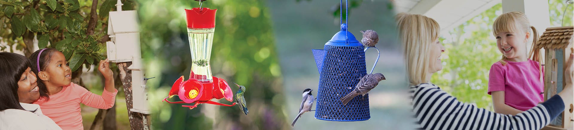 Mothers enjoying birdfeeders with their daughters. A closeup of both a Perky-Pet Hummingbird Feeder and a Perky-Pet Wild Bird Feeder