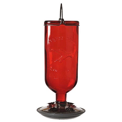 Red Antique Glass Bottle Hummingbird Feeder