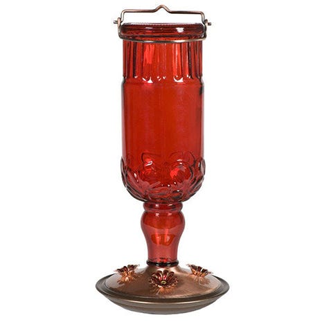 Red Antique Glass Bottle Hummingbird Feeder